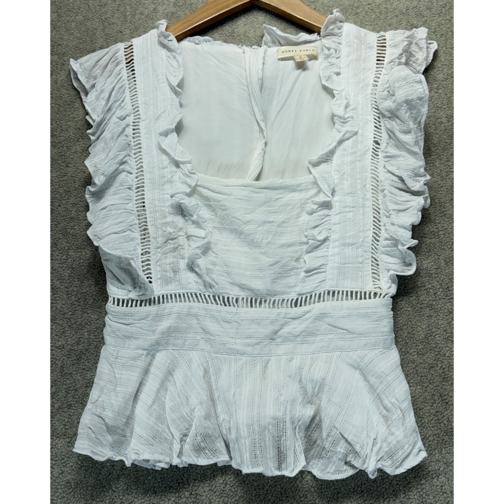 Honey Punch Womens Crochet Peplum Top White Ruffled Square Neck Zip Back S